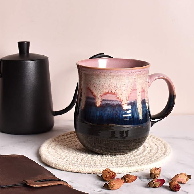 Large Pink Ceramic Coffee Mug – Reactive Glaze Tea Cup with Comfortable Handle for Home & Office