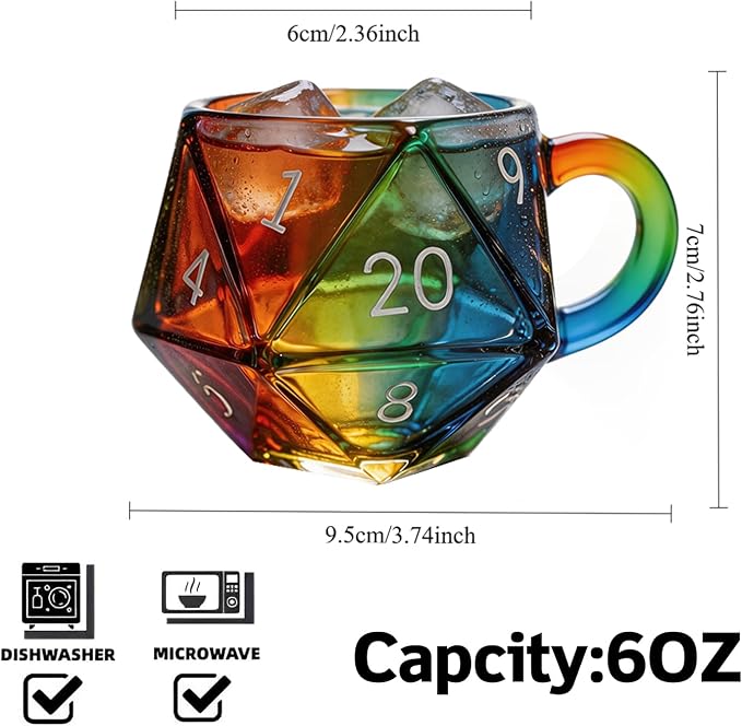 D20 Dice Glass Mug – 6 oz Rainbow 3D Fantasy RPG Cup for D&D & Tabletop Gamers