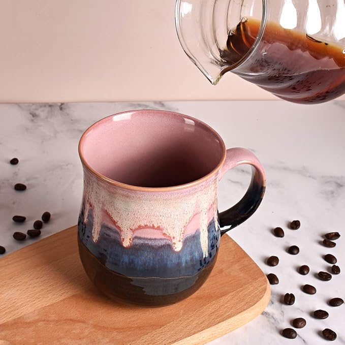 Large Pink Ceramic Coffee Mug – Reactive Glaze Tea Cup with Comfortable Handle for Home & Office