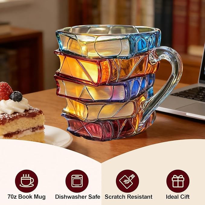 Painted Book Glass Mug – 7 oz Vintage Book Stack Coffee Cup for Book Lovers & Readers