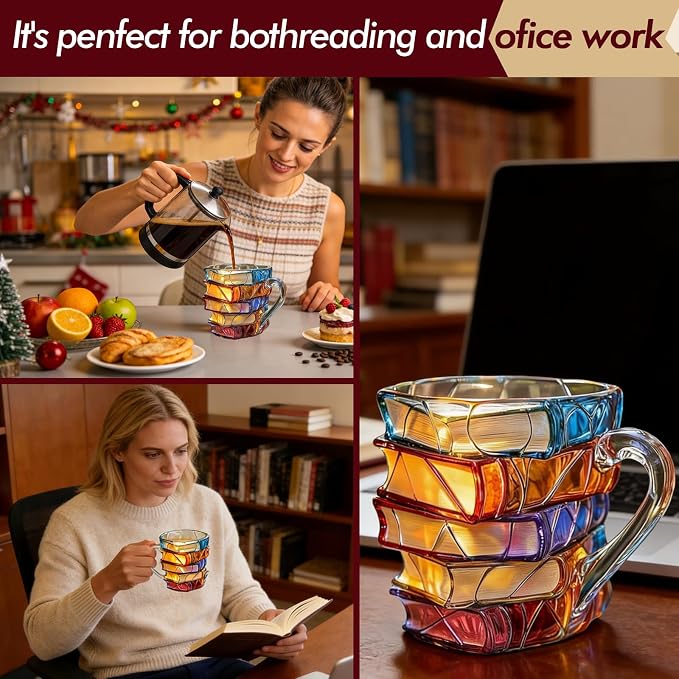 Painted Book Glass Mug – 7 oz Vintage Book Stack Coffee Cup for Book Lovers & Readers