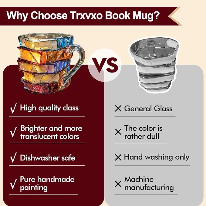 Painted Book Glass Mug – 7 oz Vintage Book Stack Coffee Cup for Book Lovers & Readers
