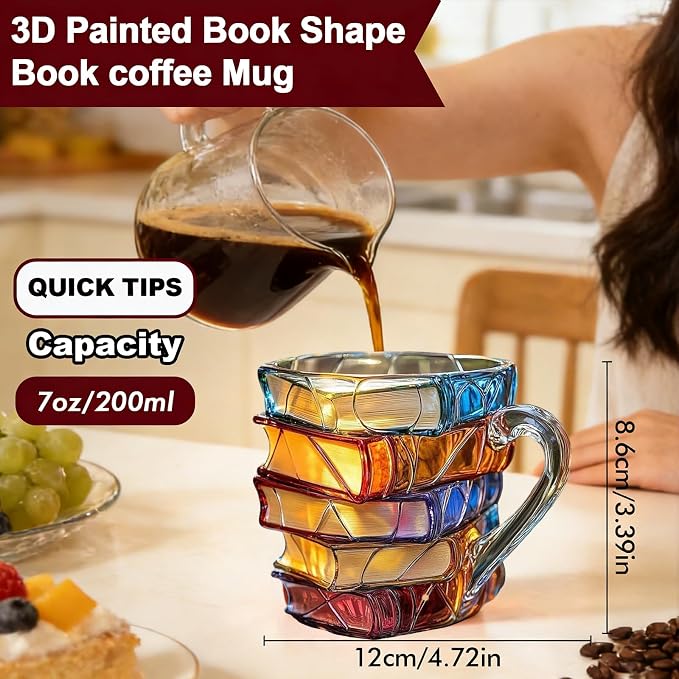 Painted Book Glass Mug – 7 oz Vintage Book Stack Coffee Cup for Book Lovers & Readers