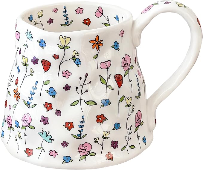 Cute Pink Floral Ceramic Coffee Mug – Large Handmade-Style Handle, Oversized Tea Cup