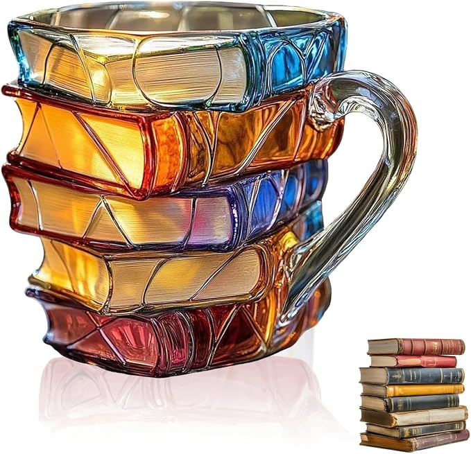 Painted Book Glass Mug – 7 oz Vintage Book Stack Coffee Cup for Book Lovers & Readers