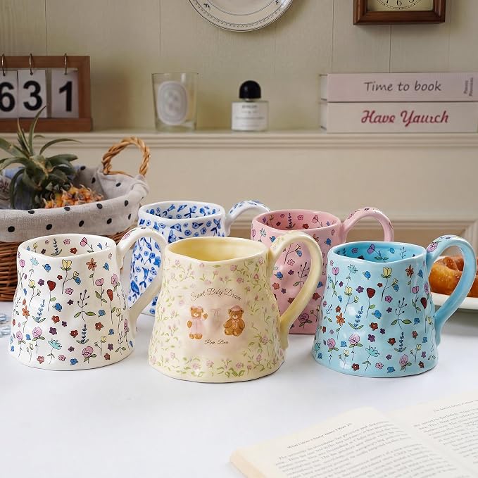 Cute Pink Floral Ceramic Coffee Mug – Large Handmade-Style Handle, Oversized Tea Cup