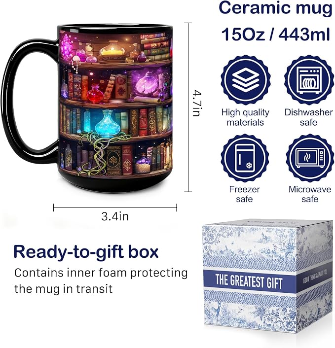 Magic Book Ceramic Mug – 15 oz Fantasy Reading Coffee Cup for Book Lovers, Writers & Librarians