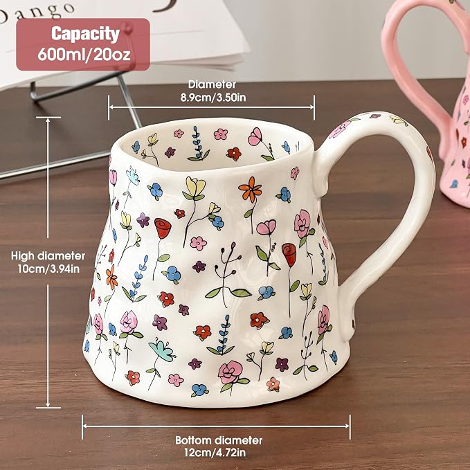 Cute Pink Floral Ceramic Coffee Mug – Large Handmade-Style Handle, Oversized Tea Cup
