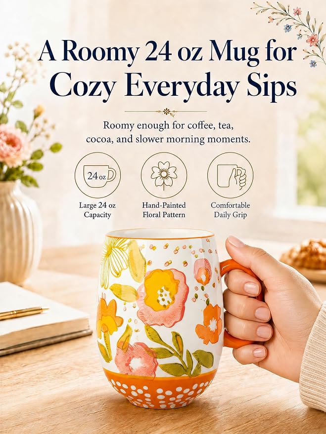 Large Hand-Painted Floral Ceramic Coffee Mug