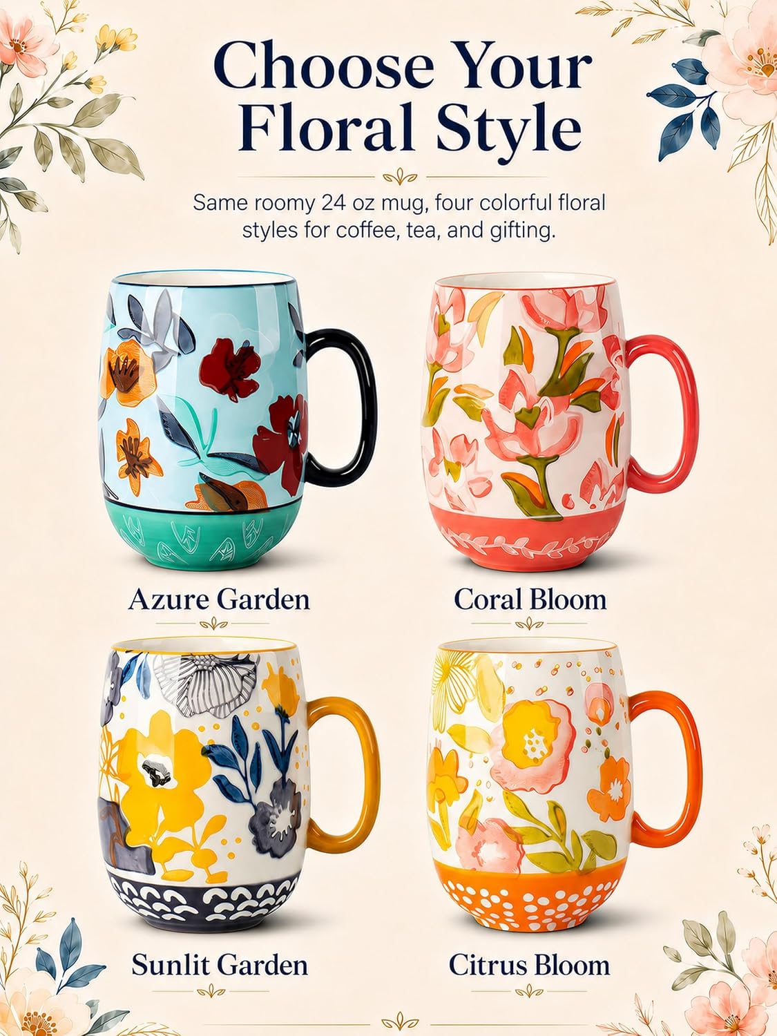 Large Hand-Painted Floral Ceramic Coffee Mug