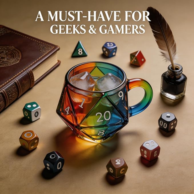 D20 Dice Glass Mug – 6 oz Rainbow 3D Fantasy RPG Cup for D&D & Tabletop Gamers