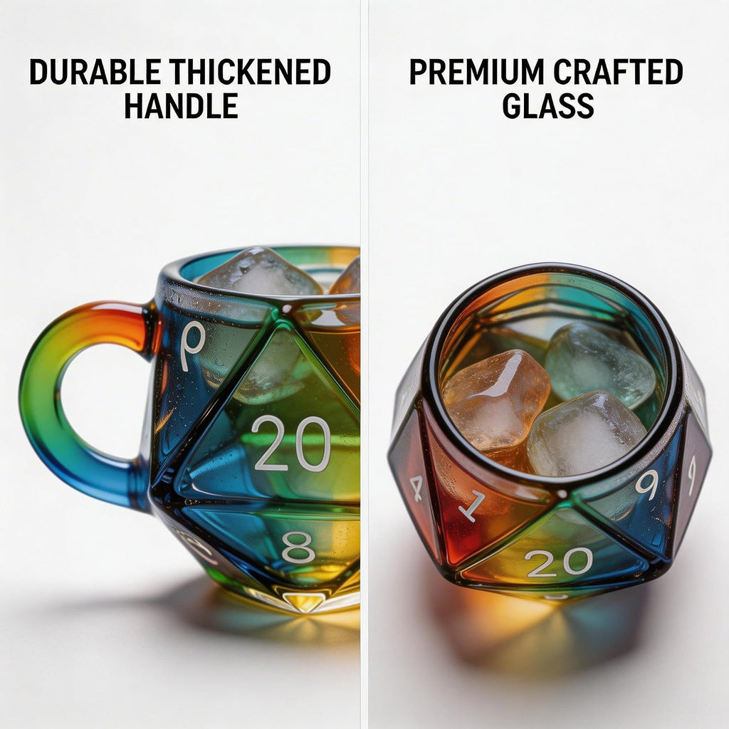 D20 Dice Glass Mug – 6 oz Rainbow 3D Fantasy RPG Cup for D&D & Tabletop Gamers