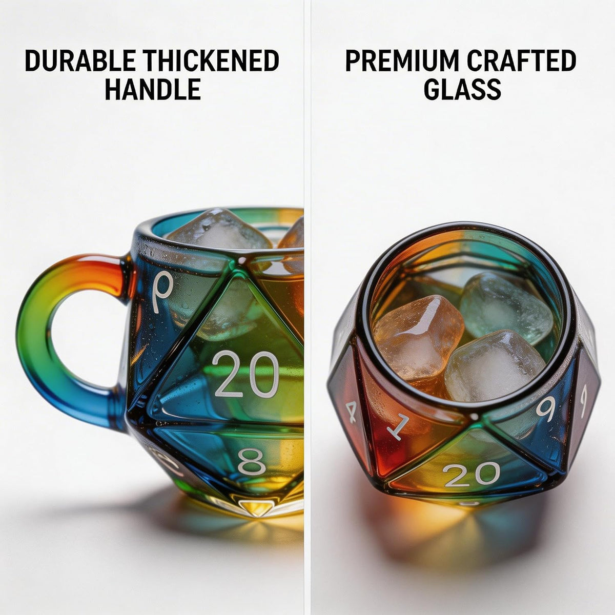 D20 Dice Glass Mug – 6 oz Rainbow 3D Fantasy RPG Cup for D&D & Tabletop Gamers