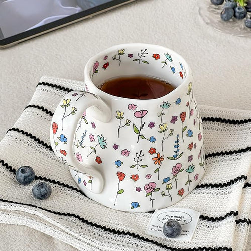 Cute Pink Floral Ceramic Coffee Mug – Large Handmade-Style Handle, Oversized Tea Cup
