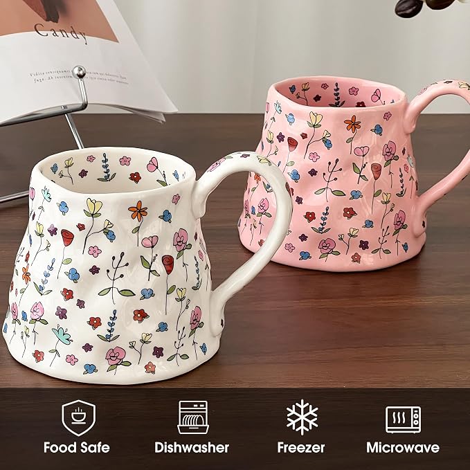 Cute Pink Floral Ceramic Coffee Mug – Large Handmade-Style Handle, Oversized Tea Cup