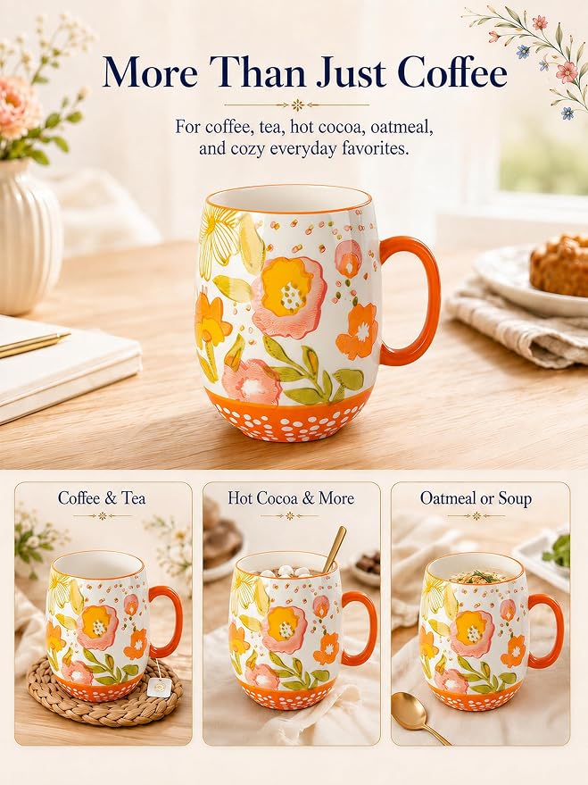 Large Hand-Painted Floral Ceramic Coffee Mug