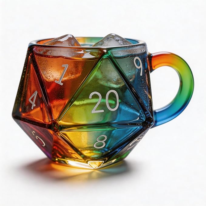 D20 Dice Glass Mug – 6 oz Rainbow 3D Fantasy RPG Cup for D&D & Tabletop Gamers