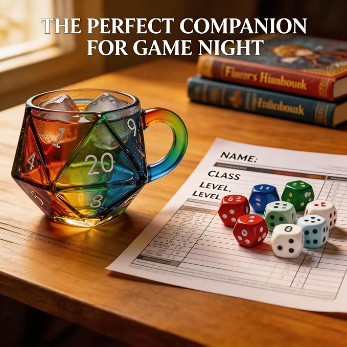 D20 Dice Glass Mug – 6 oz Rainbow 3D Fantasy RPG Cup for D&D & Tabletop Gamers