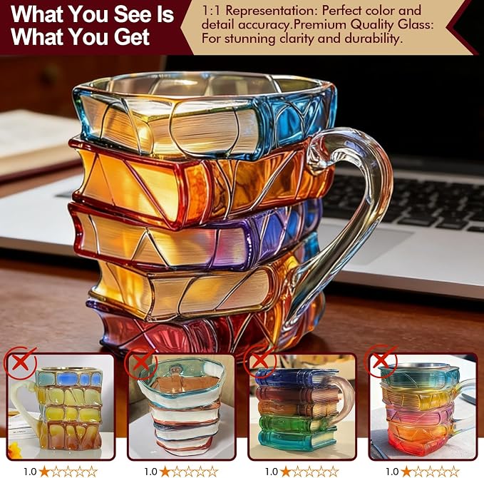 Painted Book Glass Mug – 7 oz Vintage Book Stack Coffee Cup for Book Lovers & Readers