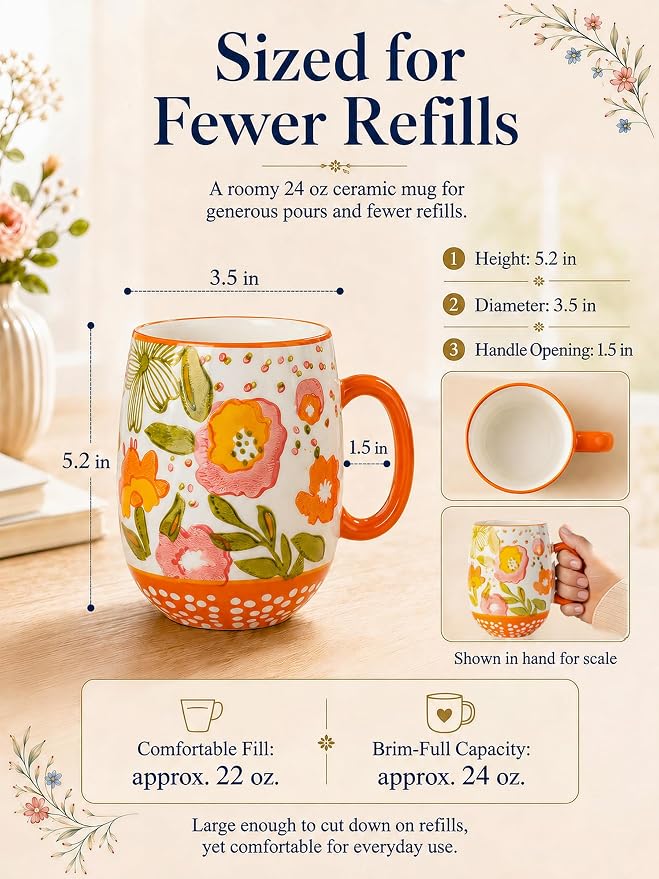 Large Hand-Painted Floral Ceramic Coffee Mug
