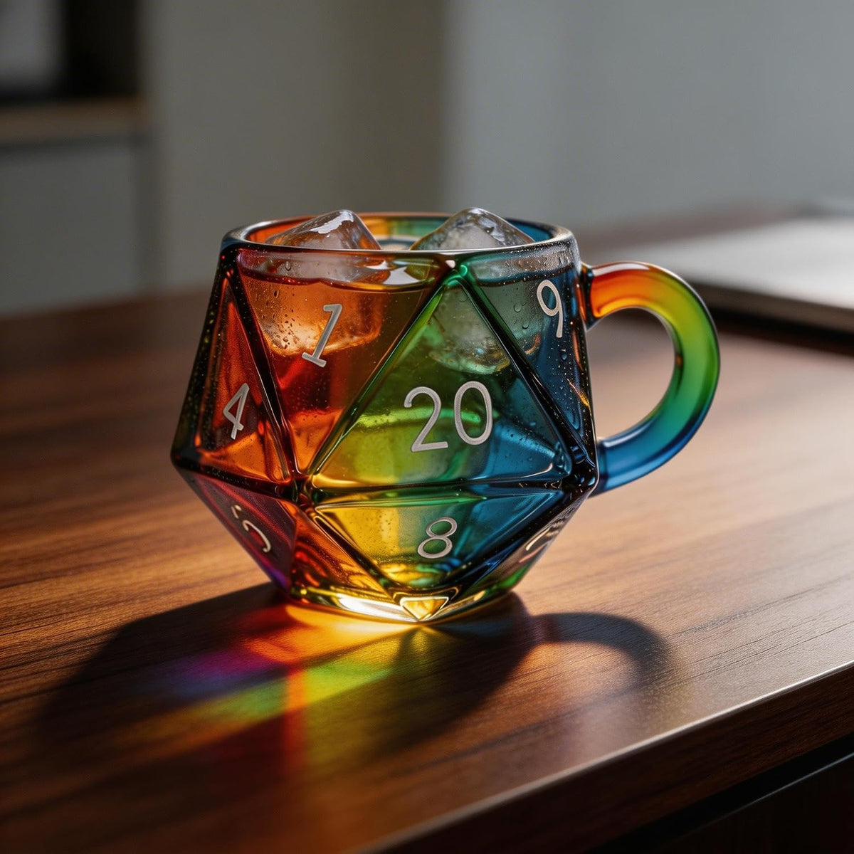 D20 Dice Glass Mug – 6 oz Rainbow 3D Fantasy RPG Cup for D&D & Tabletop Gamers