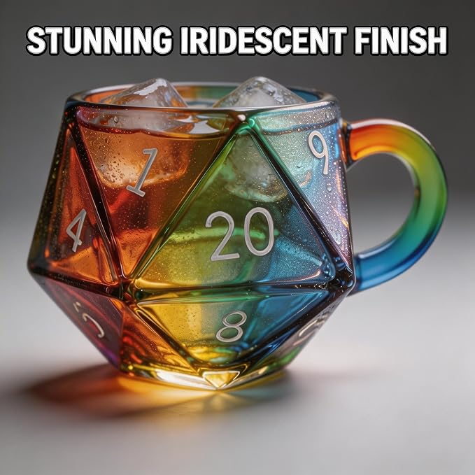 D20 Dice Glass Mug – 6 oz Rainbow 3D Fantasy RPG Cup for D&D & Tabletop Gamers