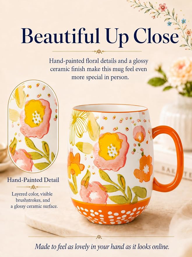 Large Hand-Painted Floral Ceramic Coffee Mug