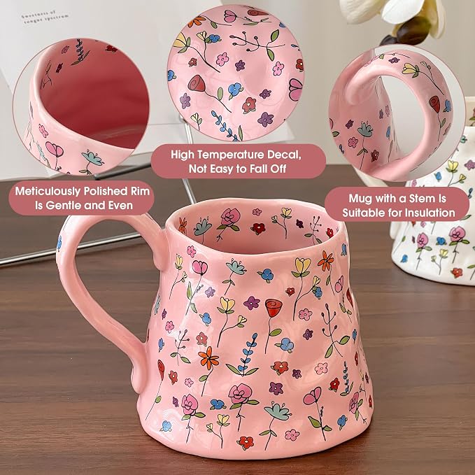 Cute Pink Floral Ceramic Coffee Mug – Large Handmade-Style Handle, Oversized Tea Cup